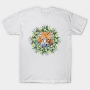 Handsome Orange Tomcat with Leafy Flower Background, Digital Cat Painting T-Shirt